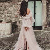 PICSGIRL - Bafftafe Pink Shiny Tulle Prom Dresses Off The Shoulder Long Puff Sleeve Evening Party Gowns Slit Women Arabia Wedding Dress