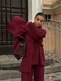 PICSGIRL  -  Elegant Burgundy Long Sleeve Sweater Pants Set Fashion Knitted Scarf Pullover Trousers Suits Autumn Winter Lady Warm Streetwear