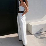 PICSGIRL  -  Temperament Women Strapless Rompers 2025 Spring Off-shoulder Backless High-waist Folds Jumpsuits Wide Leg Pants With Belted