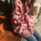 PICSGIRL  -  Sweet Women Sweaters Strawberries Print Long Pullovers Tops Autumn Winter Loose Sueter Mujer Girls Knitwear 