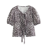 PICSGIRL  -  Women Casual Leopard Shirt Blouse Fashion 2024 Summer V-neck Cardigan Lace-up Animal Print Short-sleeved Shirt Women Tops