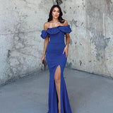 PICSGIRL  -  layered look inspo Off Shoulder Solid Women Dress Sleeveless Backless Split Lady Dresses Fashion Wave Cut Evening Party Female Maxi Vestidos