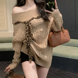 PICSGIRL  -  2024 Autumn Woman's Tops Sweet Korean Bow Harajuku Soft Sweater Pullover Y2K Off The Shoulder Fashion Casual Loose Knitwear Top