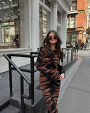 PICSGIRL -  Elegant Leopard Print Knitted Maxi Dress Women Flare Sleeve Slim Sexy Waist Cut Out Vestidos Street Fashion Party Long Dresses