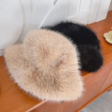 PICSGIRL  -  Y2K Fluffy Faux Fur Bucket Hat Women Winter Warm Thick Plush Ear Warmer Panama Fisherman Cap Lady Luxury Elegant Party Basin Hat