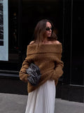 PICSGIRL  -  Women Chic Solid Off Shoulder Loose Knitted Pullover Fashion Long Sleeve Warm Sweater 2024 Autumn Lady New Casual Knitwear Top