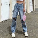 PICSGIRL  -  Women Fashion Harajuku Harem Korean Wide Leg Trousers Casual Ripped Hole Jeans Straight Denim Pants High Waist Streetwear