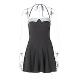 PICSGIRL  -  Women's Sexy Sling Dress Fashion Backless Halter Mini Dress A-line Folds High Waist Lace Up Summer New Vacation Dress