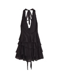 PICSGIRL  -  Womens Elegant Waist Flower Decoration Black Cascading Mini Dress Sexy Lady Halter Collar Deep V-Neck Backless Short Dresses