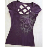 PICSGIRL  -  Retro Gothic new printed purple back hollow women T-shirt Y2k slim fit and slim summer fashion design short top