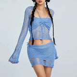 PICSGIRL  -  Crochet Knitted Sequin Dress 2 Piece Skirt Sets Summer Women Sexy Elegant Knit Mini Dress Crop Tops Two Piece Set Outfit