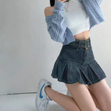 PICSGIRL  -  Denim Pleated Mini Skirt Vintage Sexy High Waist A-line Belt Women Embroidery Jean Short Skirt Summer Japanese Y2k