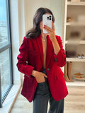 Picsgirl HH TRA Spring Blazers Woman 2024 Trendy Red Turn Down Collar Long Sleeves Pockets Decorate Single Button Female Jacket Coats