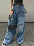 PICSGIRL  -  Women's Multi-pocket Distressed Jeans Female Long Pants Straight Wide-leg Zipper Streamer denim trouser  Spring New Fashion 2024