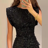 PICSGIRL  -  Elegant Shiny Sequin Pleated Hip Wrap Dress Fashion O-neck Sleeveless Club Party Dress 2024 Women Sexy Draped Solid Mini Dresses