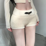 PICSGIRL  -  Y2K Belt Buckle Detail Knitted Shorts Japanese Girl Style Beige Slim Fit Sweater Shorts Cute Casual Outfits Winter