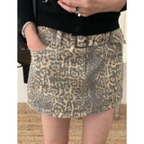 PICSGIRL  -  Women's Vintage Leopard Print Denim Half Body Skirt Korean Fashion Design High Waist Wrap The Buttocks A-Line Short Skirt Ladies