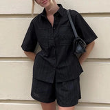 PICSGIRL  -  Casual Lapel Button Shirt and Shorts Suit Elegant Solid Color Pockets Summer Outfit Fashion Lace Hollow Out Women Two Piece Sets