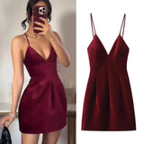 PICSGIRL  -  Sexy Red Velvet Sling Dress Women Elegant Sleeveless Backless V Neck Mini Dresses Fashion Dinner Date Christmas Party Dress