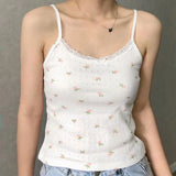 PICSGIRL  -  Lace Trim Flower Crop Tops Women Summer Clothes 2024 Waffle Cotton Sexy 2000s Y2K Camisole Tanks Girls Chic Cute Kawaii Tank Top