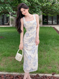 PICSGIRL  -  Summer Long One Piece Dress For Women Clothes Elegant Pretty Sweet Print Sexy Strap Wrap Hip Slit Midi Party Robe Mujer Vestidos