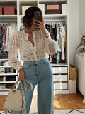 PICSGIRL -  Sexy Lady White Lace See-through Long Sleeves Shirt Casual Elegant Women Round Collar Single Breasted Blouse Spring Street Top