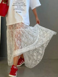 PICSGIRL  -  Transparent Lace Jacquard Skirts For Women Summer High Waist Sexy Chic White A-line Skirt 2024 Streetwear Fashion Long Faldas