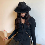 PICSGIRL  -  Black Fedora Hat For Women Men British Style Outdoor Flat Brim Top Hat Female Ostrich Fur Furry Wide Brim Party Cap Lady