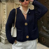 PICSGIRL  -  Women's Y2K Knitted Cardigan Casual Golden Button O-Neck Long Sleeve Sweater Fashion Solid Color Loose Crop Cardigans