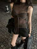 PICSGIRL  -  Y2k Sweater Vest with Bow Half High Collar Jumpers Sexy Slim Sleeveless Knitted Underwear Korean Fashion Autumn Winter