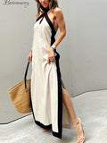 PICSGIRL  -  Casual Halter Patchwork Panelled Women Beach Dress Backless Sleeveless Hollow Out Side Split Female Dresses 2024 Chic Lady Robe