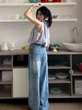 PICSGIRL  -  Y2k Vintage High Waisted Blue Washed and Distressed Jeans Women American Retro Streetwear Harajuku Baggy Trousers 2000s