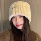 PICSGIRL  -  Knitted Heap Heap Beanie Hat for Women Solid Leather Label Pullover Cap Winter Thickened Warm Woolen Hats Outdoor Cycling Bonnet