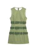 PICSGIRL  -  2024 Summer Women's Sexy Cargo Mini Dress Casual Sleeveless O Neck Army Green Slim Dresses with Belts Vintage Dress