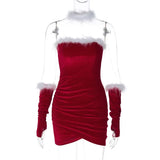 PICSGIRL  -  Christmas Velvet Feathers Mini Party Dress with Gloves Women Sexy Strapless Wrap Ruched Bodycon Clubwear Xmas Outfits Vestidos