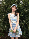 PICSGIRL  -  2000s Vintage Blue Plaid Fake Two Piece Dress Women Casual Retro Y2k Mini Dress Summer 2024 Japanese Fashion Sweet Cute Dress