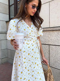 PICSGIRL  -  Cotton Floral Print Dress Summer Women V Neck Puff Sleeve Lace-up A-line Long Dresses 2024 New Elegant Casual Thin Vestidos Lady