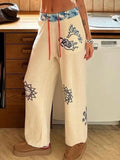 PICSGIRL  -  Y2k Aesthetic Streetwear Print Straight Pant Women Casual Patchwork Pantalon Personality Drawstring Grunge Wide Leg Trousers