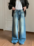 PICSGIRL  -  Women Boyfriend Whiskers Baggy Jeans Distressed Straight Long Trousers High Rise Wide Denim Pants Casual Retro Clothes