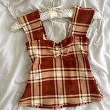 PICSGIRL  -  Plaid/Stripes Print Square Neck Tank Tops Cottage Y2K Aesthetic Bow Trim Milkmaid Crop Top Women Backless Slim Fit Shirts Vest