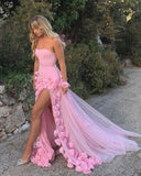 PICSGIRL  -  Saudi Elegant Pink Prom Gown Women Strapless 3D Flowers Party Evening Dresses Floor Length Formal Occasion Dress 2025