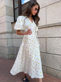 PICSGIRL  -  Cotton Floral Print Dress Summer Women V Neck Puff Sleeve Lace-up A-line Long Dresses 2024 New Elegant Casual Thin Vestidos Lady