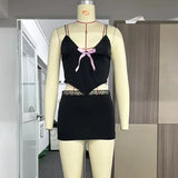 PICSGIRL  -  Retro Summer Spicy Girl Sexy Sling Top with Lace Lace Edge Wrap Hip High Waist Skirt Black Y2K Party Club Two Piece Set YDL51