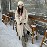 PICSGIRL  -  casual winter outfits Belted Faux Mink Fur Coat Women 2024 Winter Beige Gradient Furry Fur Jacket Luxury Brand Hooded Warm Outerwear Overcoat