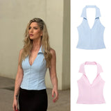 PICSGIRL  -  Women's Clothing 2024 Summer New Style Elegant Solid Color Shirt Style Halter Neck Slim Fit Top