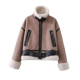 PICSGIRL  -  Women Warm Faux Shearling Jacket Coat Lapel Bomber Jacket with Belt Metal Zip Thick Jacket Winter Female Outerwear