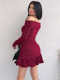 PICSGIRL  -  Off Shoulder Slim Ruffle Dress Female Bodycon Long Sleeve High Waist Pleated Mini Dresses Elegant Evening Sheath Dress