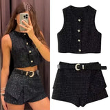 PICSGIRL  -  Elegant Tweed Vest Belt Mini Shorts Suit Women 2024 High Waist Black Textured Skirt Short 2 Pieces Set Lady Fashion Skort Outfit