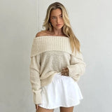 PICSGIRL  -  One Shoulder Knitted Sweater Women's Sexy Slim Long Sleeve Solid Pullover Top Loose Casual Chic Autumn Street Sweater