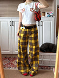 PICSGIRL  -  Retro Checkered Wide Leg Pants for Women Yellow Color Block Pockets High Waist Straight Wide Leg Sweatpants Daily Wear